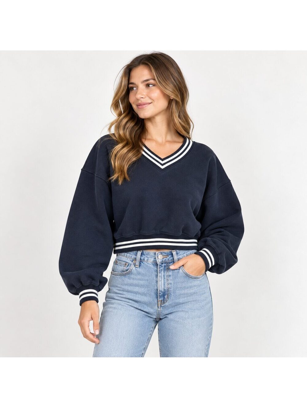 Abercrombie & Fitch Soft A&F Black V Neck Cropped Sweatshirt Striped Trim M